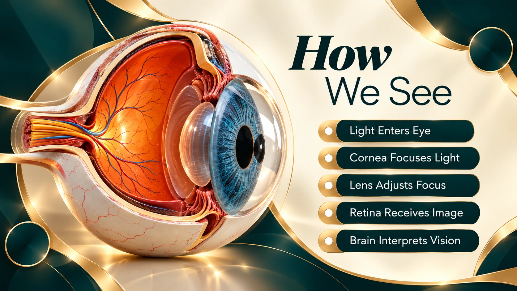Infographie fournie : How We See, schéma de l’œil et parcours de la vision