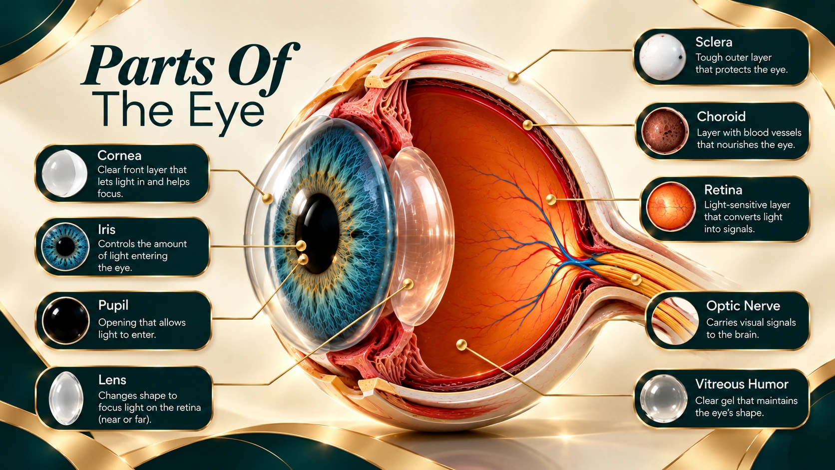 Infographie fournie : Parts of the Eye, schéma légendé